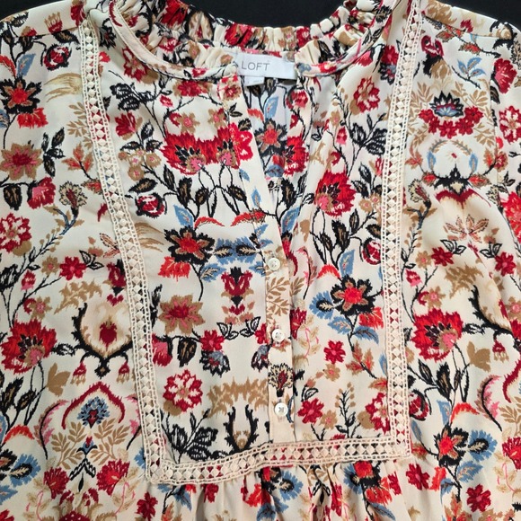 LOFT Women Red Airy Floral Boho Ruffle Neck Crochet Lace Trim Blouse Top Large - Picture 7 of 9